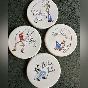 Pottery Barn Tie One On Cocktail Western Cowboy Ceramic Set of 4 Coasters